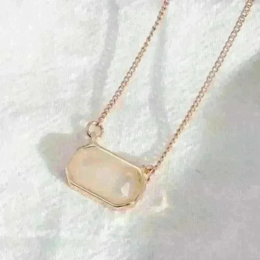 New Rectangular White Stone Necklace: Minimalist Pendant in Gold-Tone